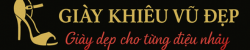 Logo Giày Khiêu Vũ Đẹp với hình đôi giày khiêu vũ màu vàng và slogan màu đỏ trên nền đen.